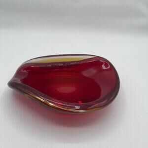 Vintage Murano Hand Blown Art Glass Bowl Ashtray Red And Yellow Amberina